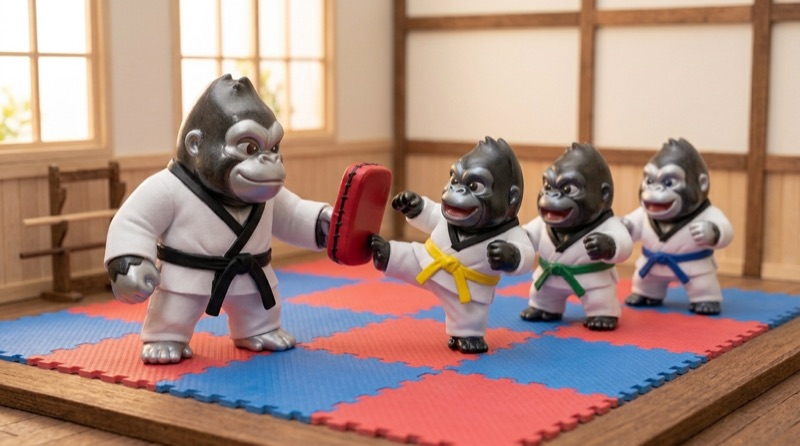Small gorilla figurines in taekwondo uniforms take turns kicking a pad held by their coach