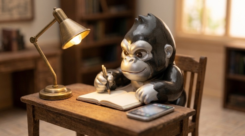 A parent gorilla figurine writes down what happened at school in a notebook