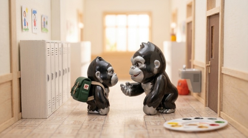 A parent gorilla figurine kneels down to talk face to face with a small gorilla wearing a school backpack
